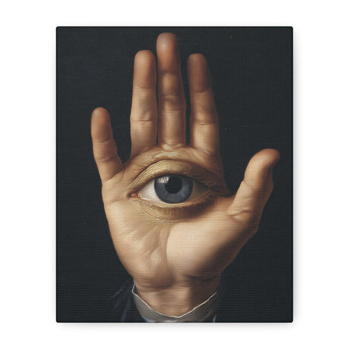 A high-contrast matte canvas print featuring a surrealist artwork. Centered against a dark, textured charcoal background, a realistic, pale hand is held up, palm forward. Embedded in the center of the palm is a detailed, light blue human eye, looking directly at the viewer. The hand emerges from a formal, dark suit cuff with a white ruffled sleeve, adding a touch of vintage, academic style. The overall mood is mysterious, gothic, and scholarly, suitable for dark academia or maximalist decor.
